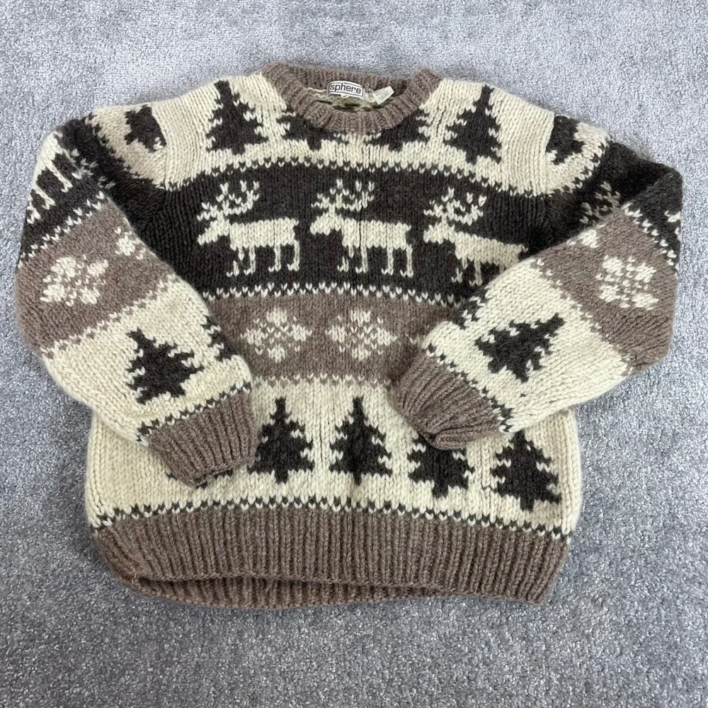 Vintage Wool Sweater Mens Medium Nordic Chunky Knit Christmas Reindeer Snowflake